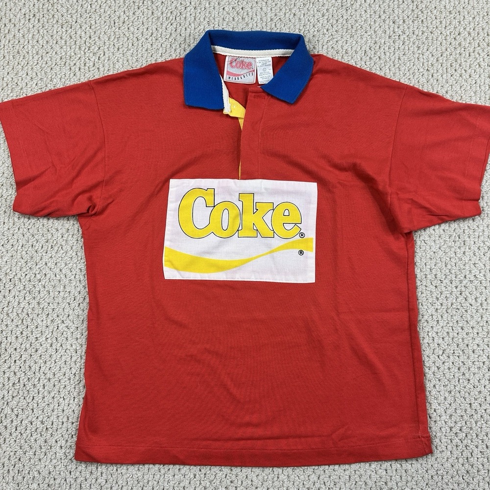 Vtg 80s Coca Cola Rugby Polo Shirt Mens L Coke Wearables 50/50 Logo Made in USA - Picture 4 of 14